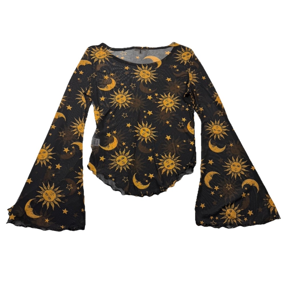 Earthbound Trading Co Mesh Celestial Sun Moon Top Bell Sleeves Black Gold Sz M - Picture 6 of 10